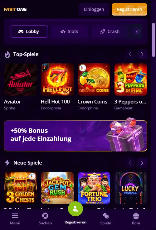 Aktuelle FastOne-Startseite oder Lobby in einem mobilen Browser-Viewport