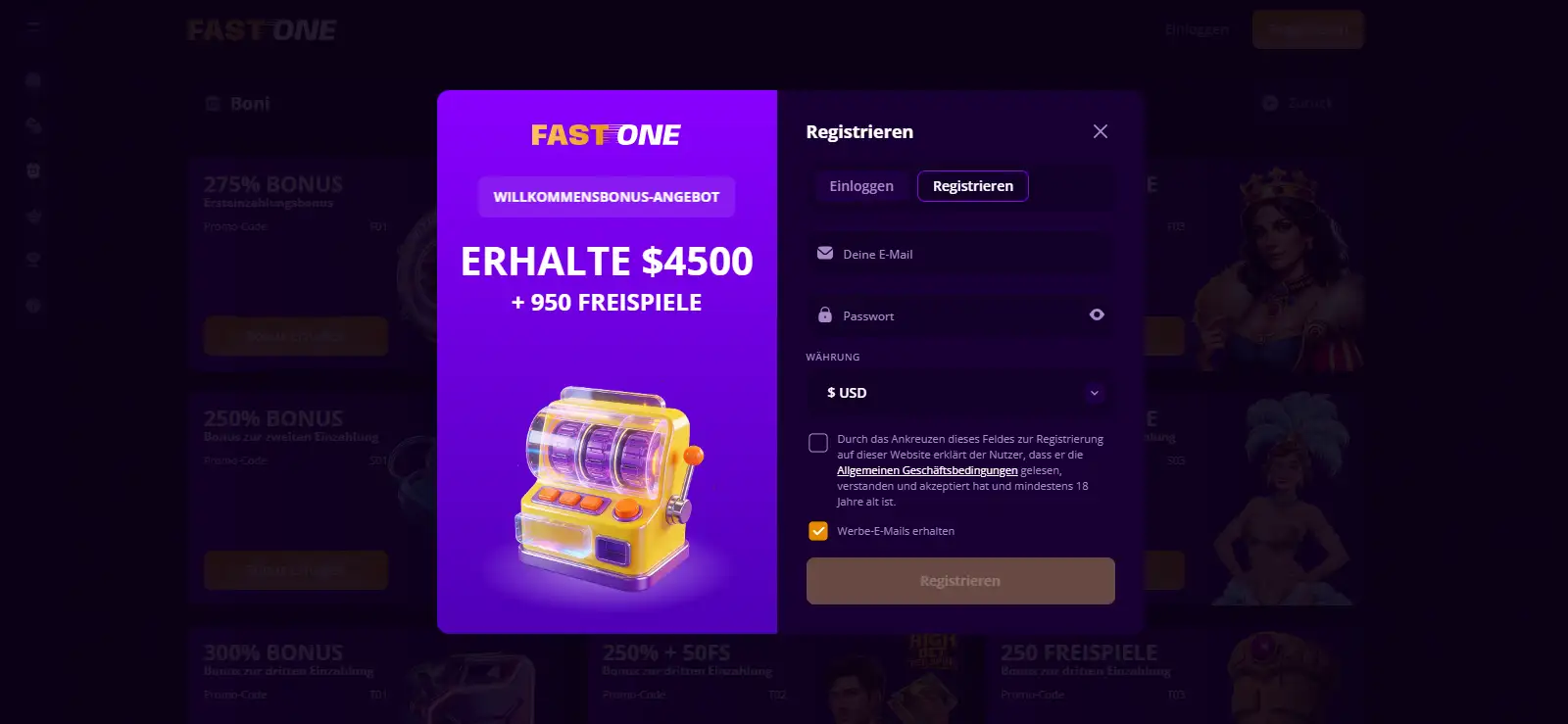 Aktuelle FastOne-Registrierungsmaske mit den real sichtbaren Feldern und Register-Funktionen
