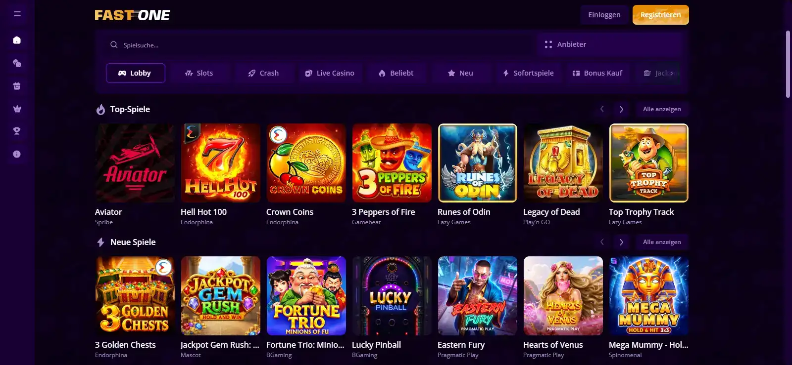 FastOne Spielelobby mit sichtbarer Kategorie- und Provider-Navigation